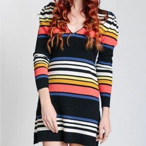 Free People Black Gadget Sweater Mini Dress w/ Coral, Yellow & Blue Stripes